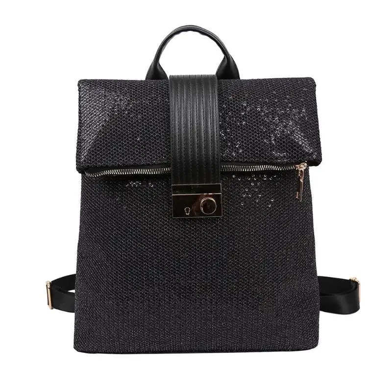 

Sequins Large Capacity Backpack Square Pattern Zipper Button PU Daypack Women Travel Satchel Casual Shiny Shoulder School Bag