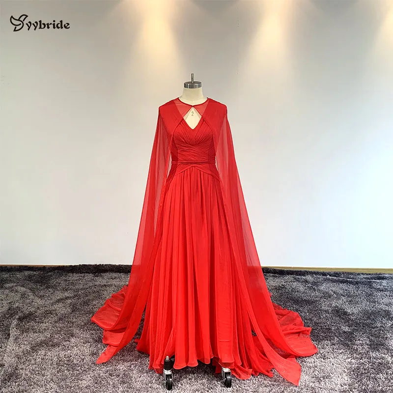 

YYbride New Cheap Price Red Tenccel Prom Dresses With long Cape Elegant V-Neck Sleeveless Simple Chapel Train Evening Dresses