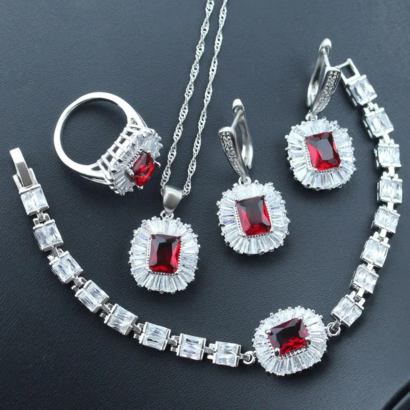 

Natural Silver Color Wedding Jewelry Red Birthstone Bridal Jewelry Sets Women Earrings/Pendant/Necklace/Ring/Bracelets For Box