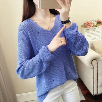 

Women Sweaters And Pullovers Autumn Winter V-neck Long Sleeve Pull Femme Solid Pullover Female Casualhollow Out Knitted Sweater