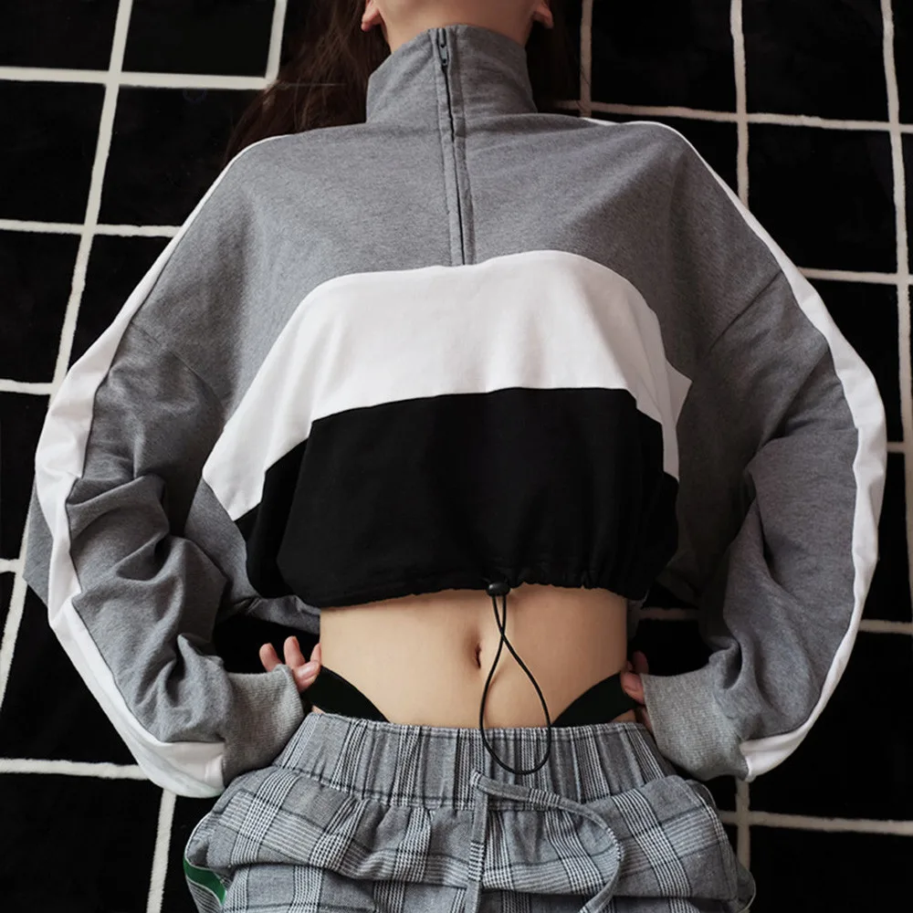 Fashion Women Long-Sleeve Autumn Bandage Pullover Sweatshirt Zipper Crop Tops Patchwork Loose Ladies Sweatshirts hoodies outwear Fashion Women Long-Sleeve Autumn Bandage Pullover Sweatshirt Zipper Crop Tops Patchwork Loose Ladies Sweatshirts hoodies outwear