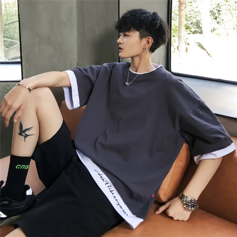 

2019 New Summer Full Cotton False Two Paper Split Joint Preppy Style Short Sleeve Black t shirt tops Low price Free shipping