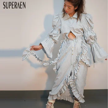 

SuperAen Fashion Women Long Dress Cotton Wild Lace Long Sleeve Europe Dress Female Spring New 2019 Asymmetrical Women Clothing