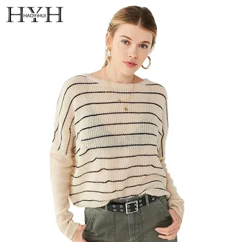 

HYH Haoyihui 2019 Wild Simple Micro Perspective Round Neck Tops Loose Slim Bat Sleeve Stripe Long Sleeve Sweater New Arrival