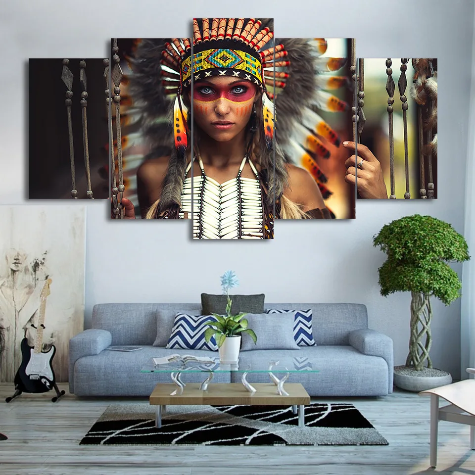 

Modular Canvas Paintings Wall Art Frame 5 Pieces Abstract American Indian Girl Pictures Home Decor HD Printed Poster Living Room
