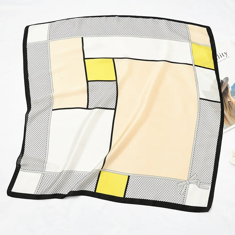 70*70Cm Patchwork Dot Square Silk Feel Satin Scarf Spain Luxury Brand Women Head Skinny Hair Tie Band Small Kerchief Wrap Snood