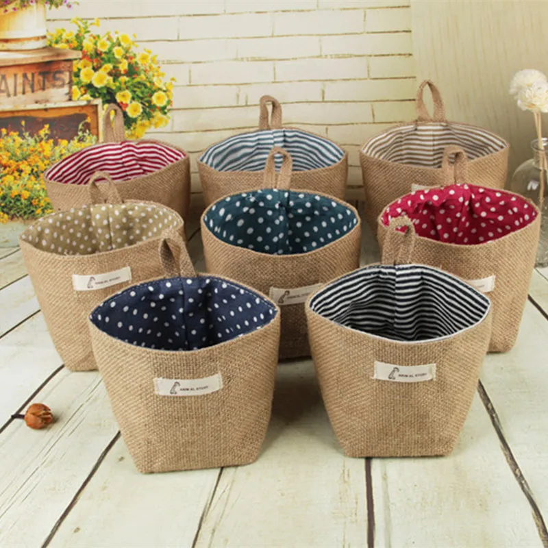 

Cotton Linen Flower Pot Small Sack Hanging Jute Dot Striped Storage Basket Bag
