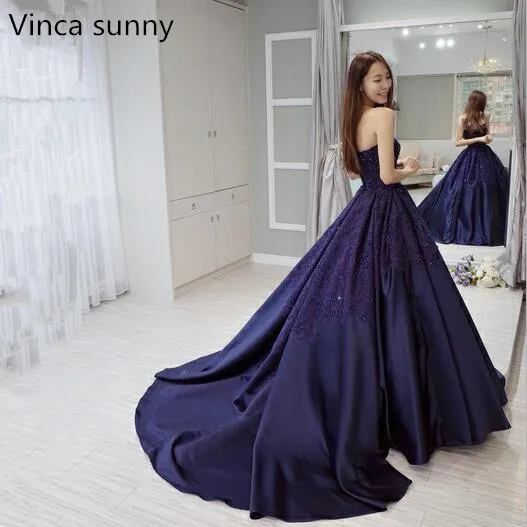 Vinca sunny 2020 темно синие атласные Длинные Выпускные платья с кружевной аппликацией