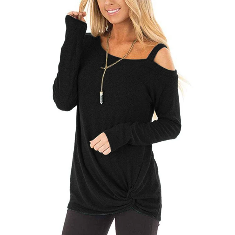 

Knotted Skew Neck Women Blouses Spring Long Sleeve Cut Out Knitted Tops Women's Casual Solid Shirts Drop Shoulder Blouse
