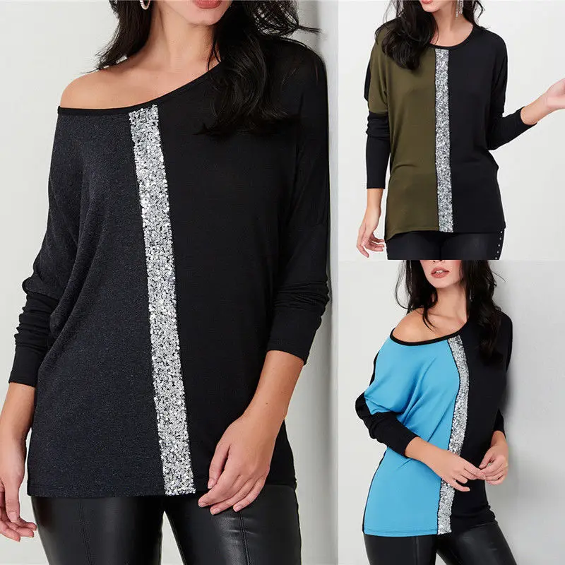 

Women Fashion Blouse S-3XL Sequins Patchwork Casual Loose Long Sleeve Blouse Tops