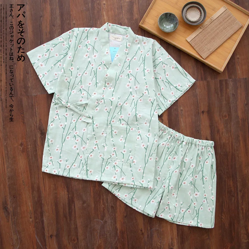 Japanese Kimono Pajamas Set Woman Pure Cotton Gauze Bathrobe Suit Flowers Short Sleeve Yukata Japanese Traditional Clothing New