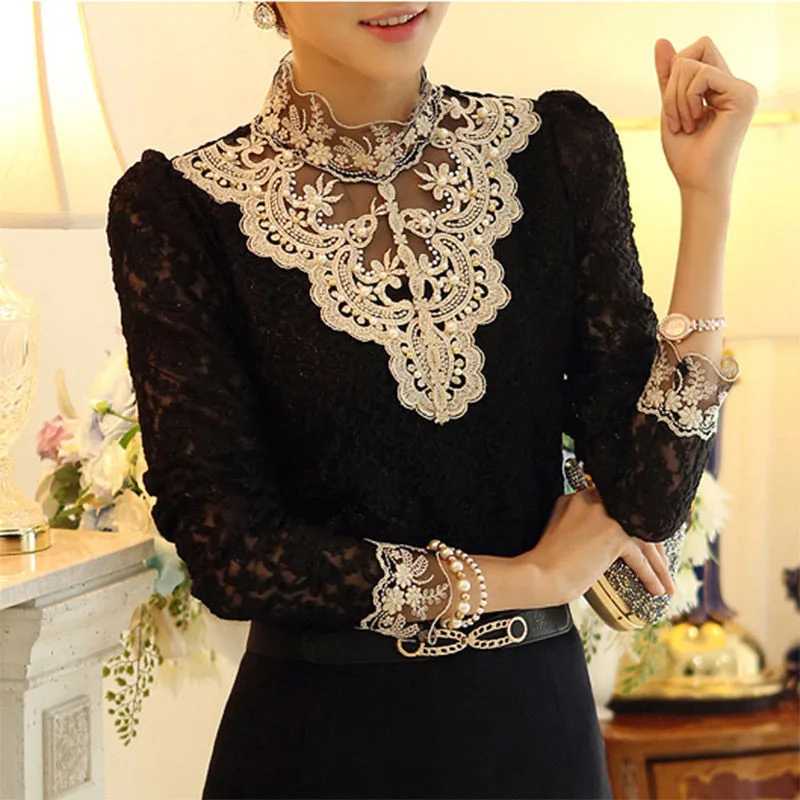 

Hot Women Elegant Stitching Stand Floral Lace-up Collar Spring Turtleneck Long Sleeve Tops Blouse Shirt Casual Cotton