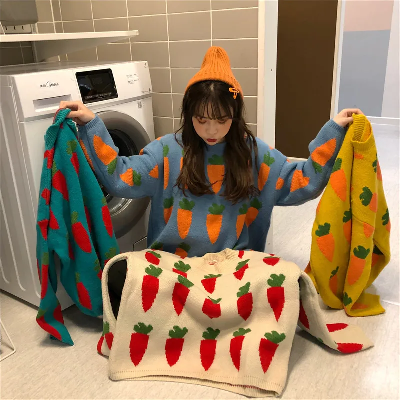 

Women's Clothing 2018 autumn winter New ulzzang Korea fashion Kawaii carrot print sweet Harajuku long sleeve oversized sweaters