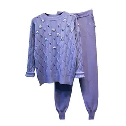 Пуловер, украшенный бисером свитер брюки для девочек для женщин зимние комплект из двух предметов повседневное одноцветное цвет качество