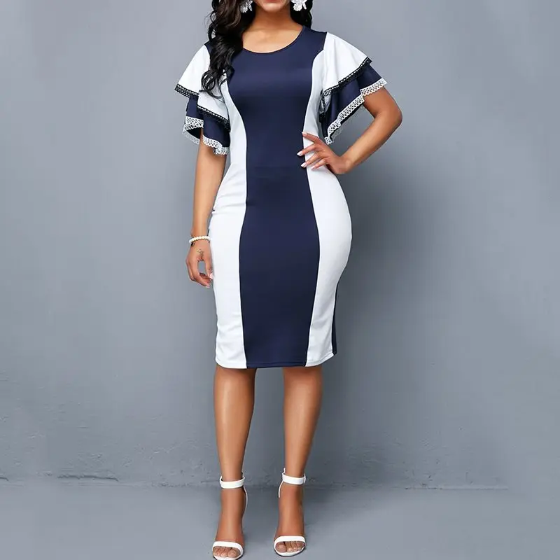 

Sexy Bodycon Office Dress Women Elegant Stripe Ruffle Purple Slim Vintage Plus Size Party Ladies Work Casual Blue Summer Dresses