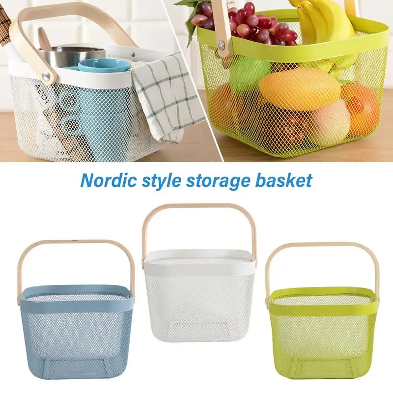 

Nordic Style Simple Storage Basket Wooden Handle Condiment Drink Barbed Wire Basket Vegetable And Fruit Storage Basket