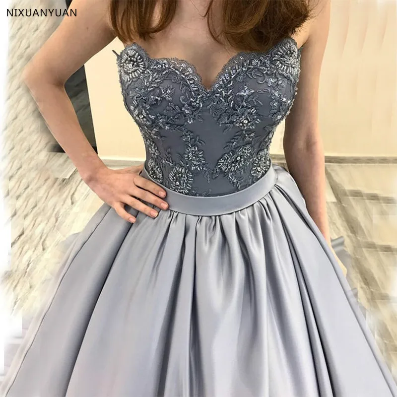 Элегантные платья на выпускной с вырезом сердечко трапециевидной формы аппликации вышитый бисером сатин юбка 2019 Новый Серый Vestidos De