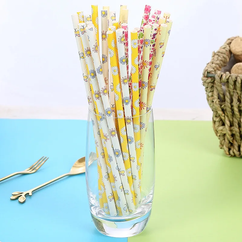 Одноразовые бумажные соломинки с цветочным узором, маленькие свежие милые Креативные Детские соломинки ручной работы, 25 шт. соломинки
