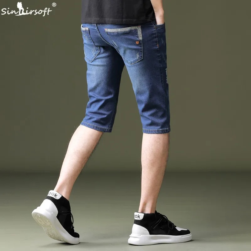 Summer Men's Denim Shorts Loose Stretch Five Pants Fashion Scratched Denim High Quality Cotton Slim Jeans 28-38 Hot Sale