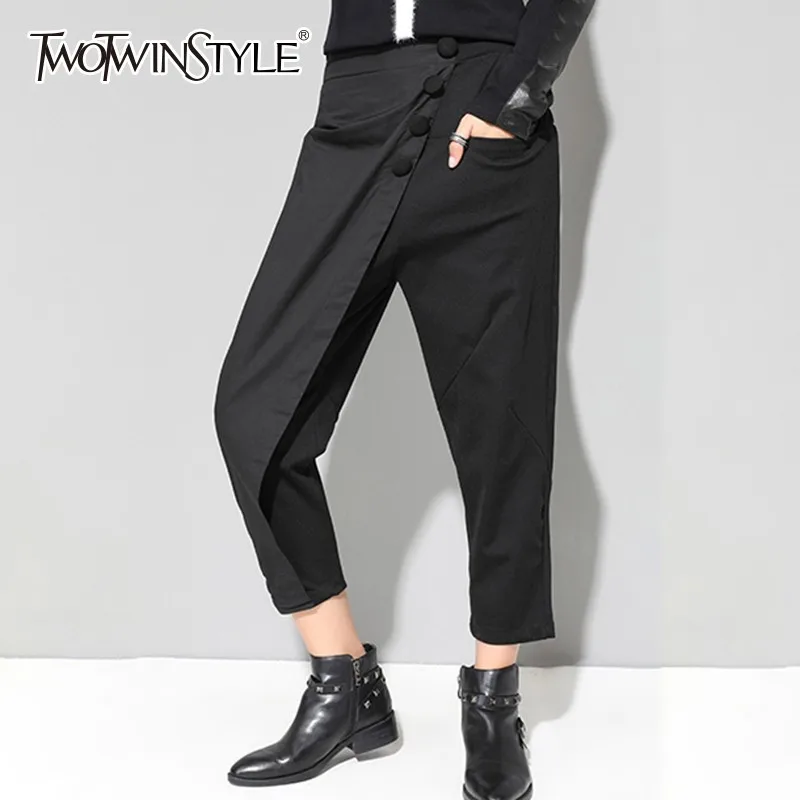 

TWOTWINSTYLE Trousers For Women High Waist Patchwork Asymmetrical Ankle Length Harem Pants Female 2019 Spring Casual Fashion