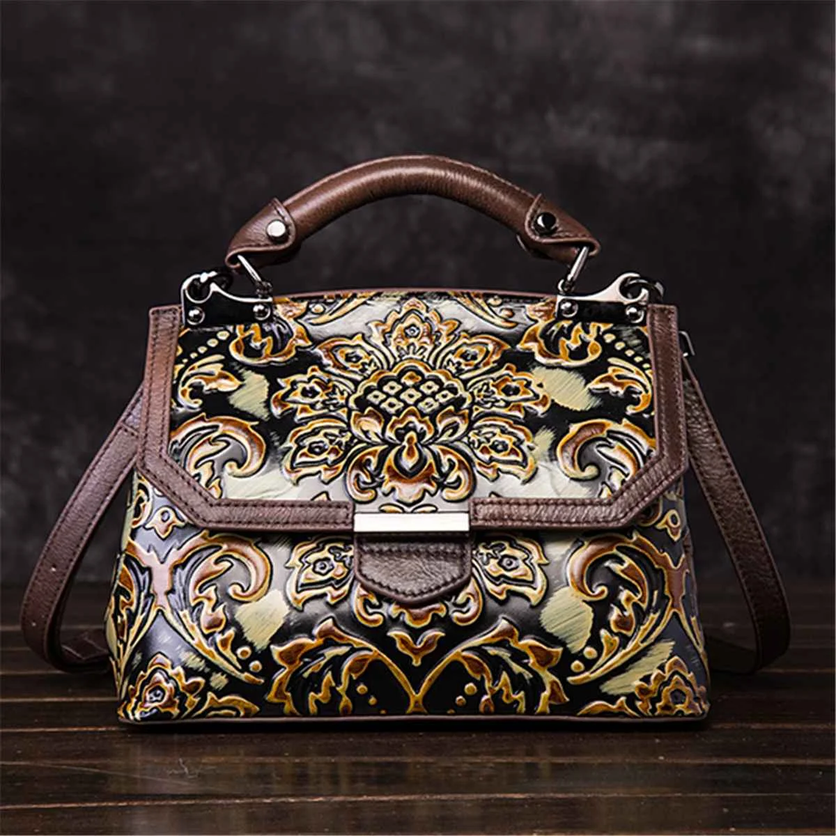 AEQUEEN Women Genuine Leather Handbag Embossed Luxury Bags Vintage Cowhide Leather Top Handle Bag Messenger Shoulder Tote Purse