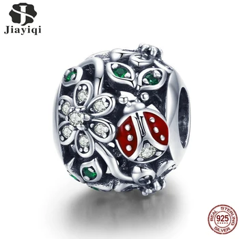 

Jiayiqi 925 Sterling Silver Fashion Red Ladybug Flower Wonderland Cubic Zircon Charms Fit Bracelets Bangles Jewelry Making 2019