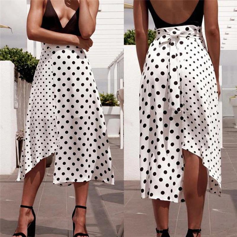Women Skirt Polka Dot Print High Waist Skirts Faldas Mujer Moda 2019 Summer Holiday Beach Ladies Skirts Split Asymmetrical Skirt