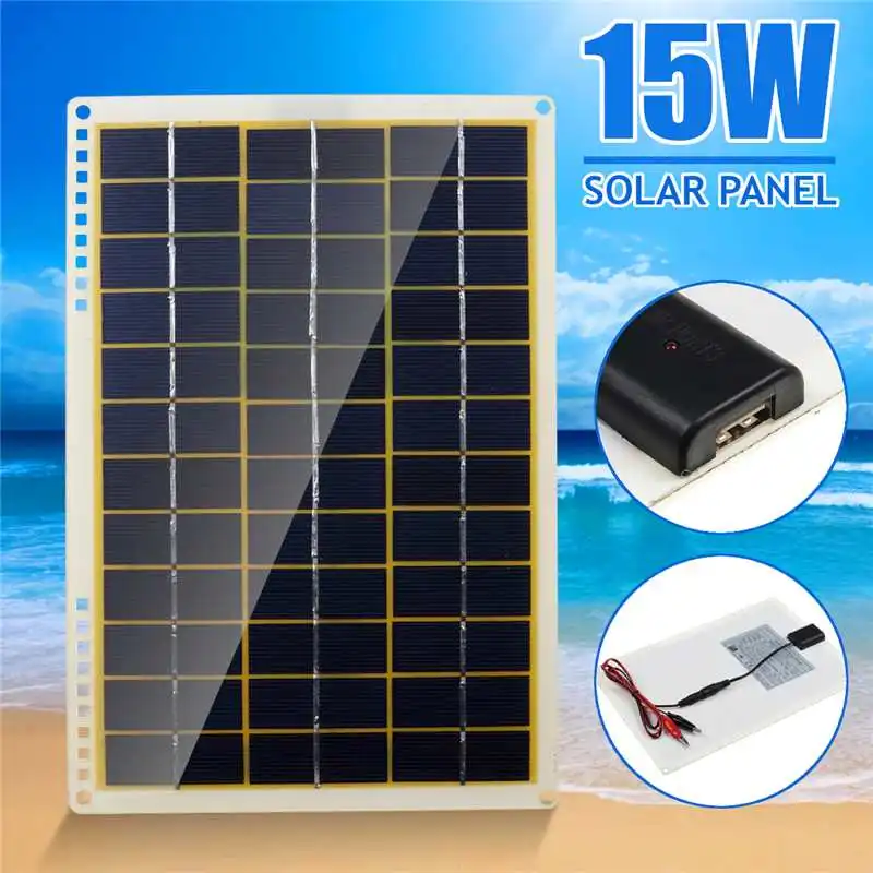 

15W Solar Panel 12V Polycrystalline Solar Panel with Line Clip 4X Suction Cups for Outdoor Camping Emergency Light Waterproof