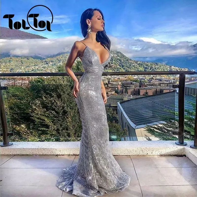 

Sexy Stretch Silver Sequin Maxi Dress Hollow Out Floor Length Summer Party Dress Solid V Neck Backless Long Dress