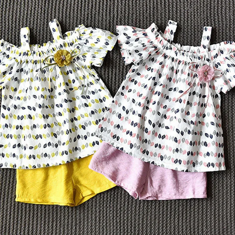 Summer Baby  Girls Set Leaf Print Sling Bare Shoulder  Leaf Short Sleeve + Solid Color Casual Shorts 2 Pcs Kids Clothing