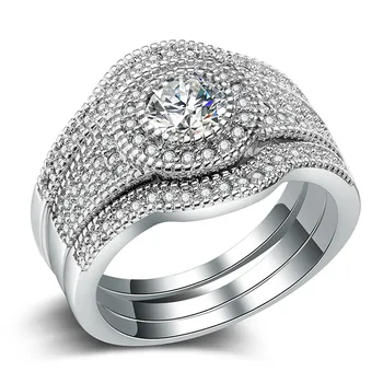 

Huitan Vintage 3PC Wedding Ring Set with Round Brilliant Cubic Zirconia Bezel Setting Luxury Jewelry Engagement rings for Women