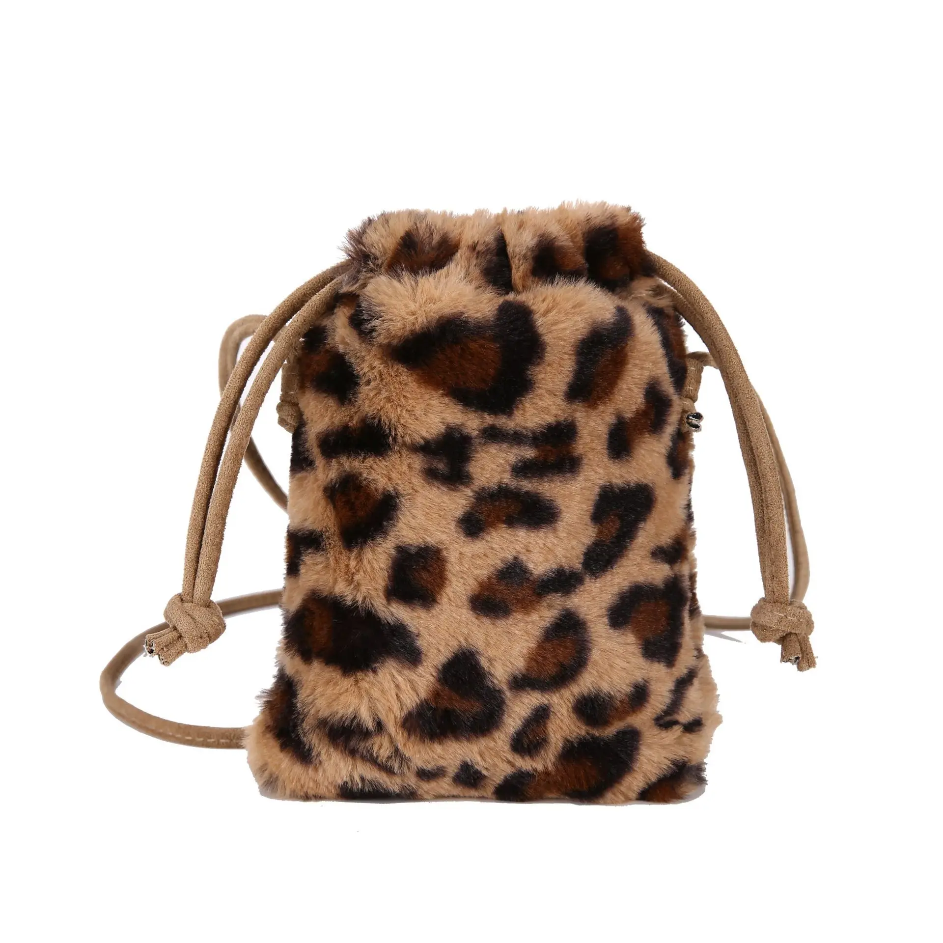 

2018 Winter Drawstring Bucket Bag Mini Women Handbag Leopard Faux Fur Shoulder Bag Crossbody Messenger Bags For Women Girls