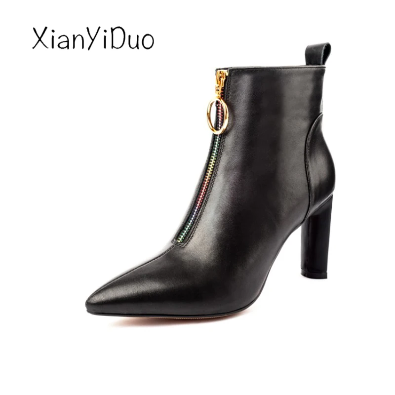 

Genuine Leather 2019 Women's Shoes Ankle Boots super high heel Pointed Toe plus size 40-42 short plush zipper Chocolate /V6051-2