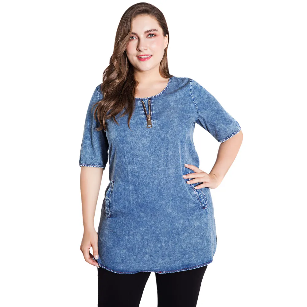 

Summer Women T-Shirt Lady Plus Size Denim Top Dress Women Casual Round Neck Short Sleeve Pocket Elegant Thin Long Tee Shirt Tops