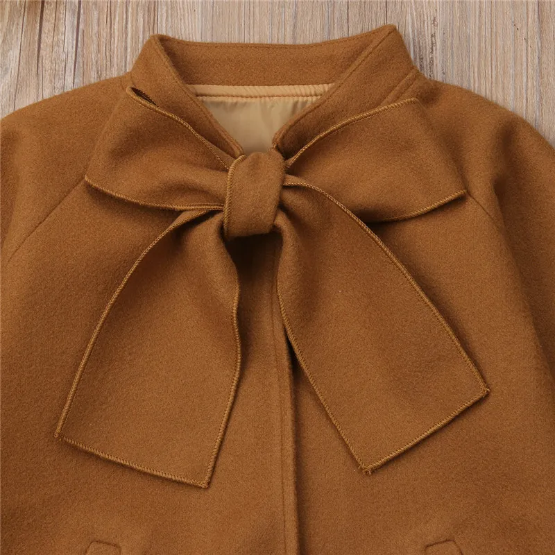 Winter Spring Toddler Kids Baby Girls Warm Wool Bowknot Coat Overcoat Outwear Jacket Clothes Brown 2-8Y
