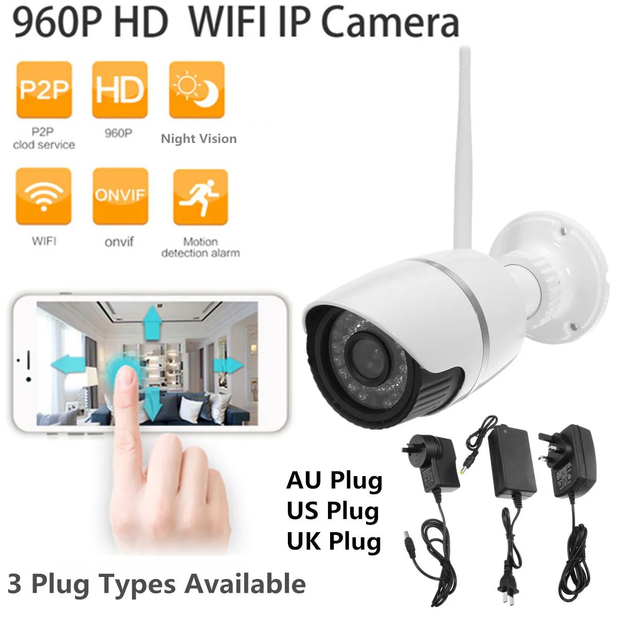 

960P IP Camera Night Vision WiFi Wireless Network Security CCTV Video Webcam AU/EU/US Plug Weatherproof Monitoring Remote