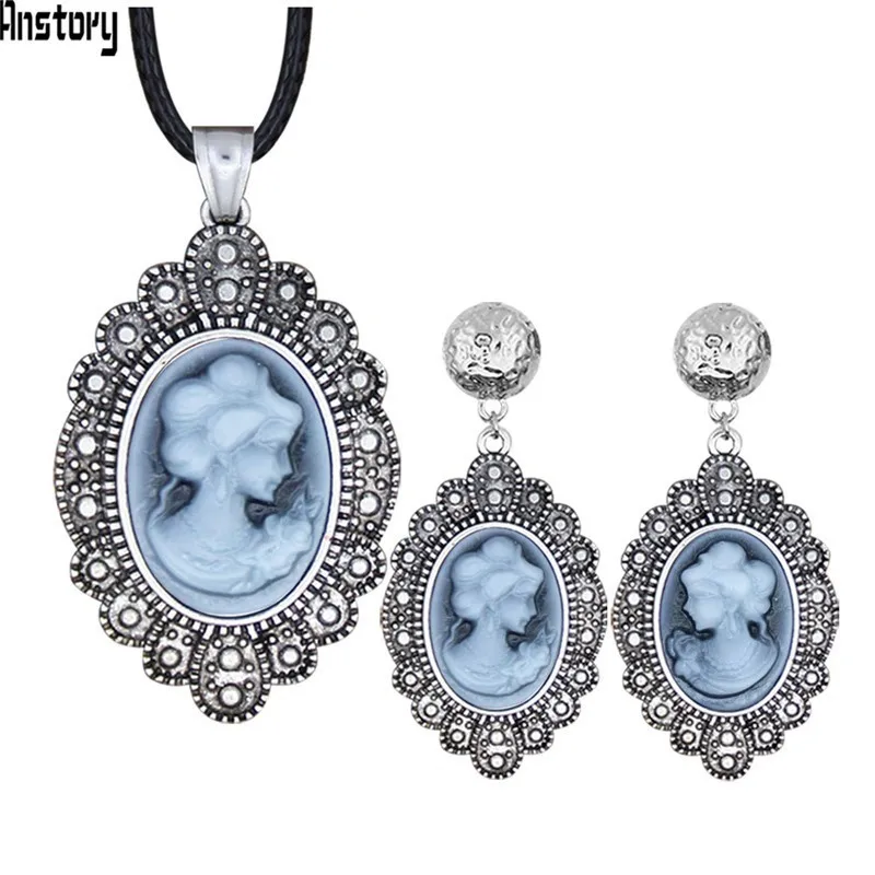 

Oval Lady Queen Cameo Jewelry Sets Leaf Pendant Necklace Stud Earrings Vintage Look Fashion Jewelry NE+EA TS513