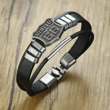 Мужской тройной кожаный браслет с горячим маршрутом 66 60s дорожный знак Мотоцикл Байкер Всадник черный браслет мужские ювелирные изделия