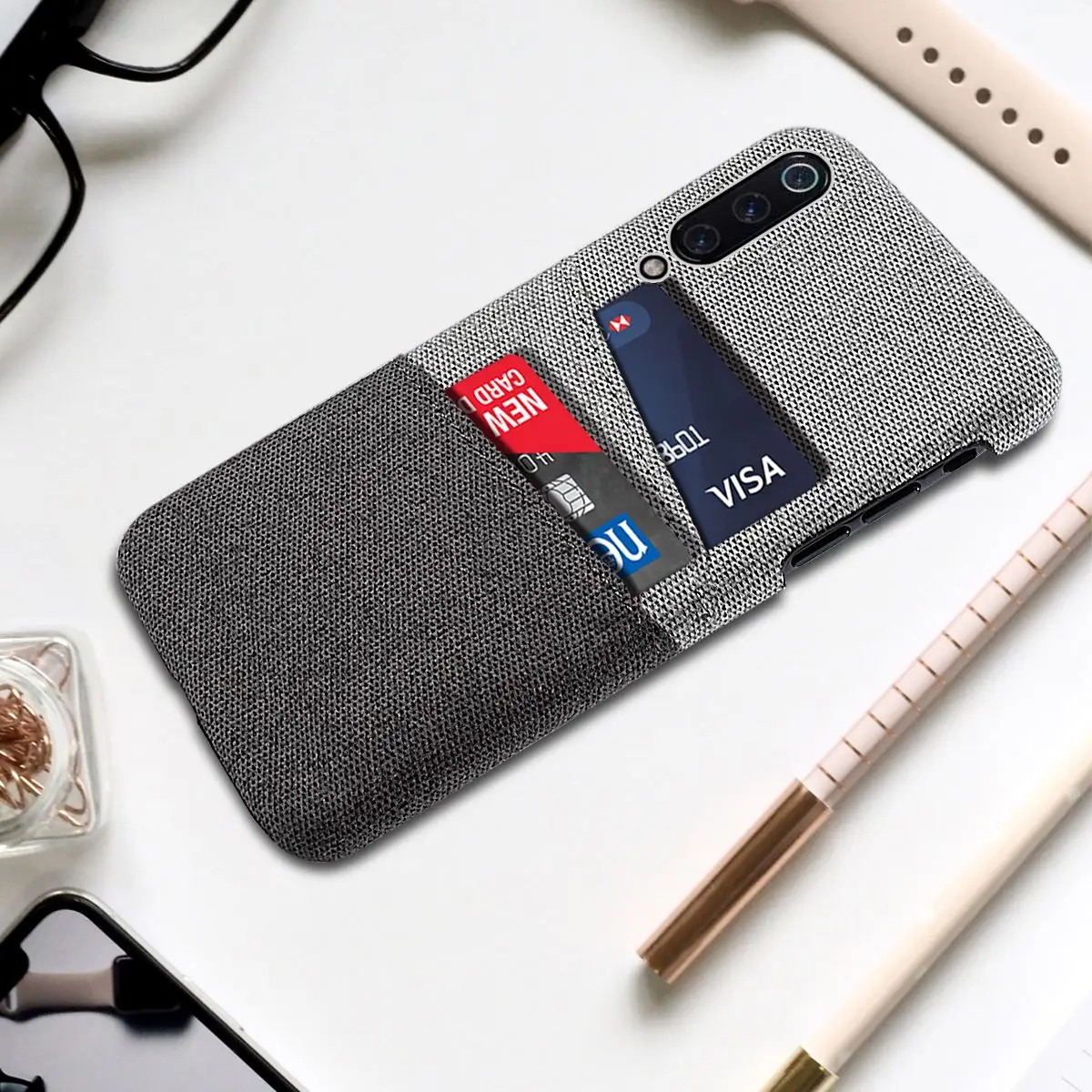 For Xiaomi Mi 9 Case Fabric Cloth Woven Cards Holder Slim Anti-Scratch Hard PC Back Cover For Xiaomi Mi9 Mi 9 SE Redmi 7 GO Case