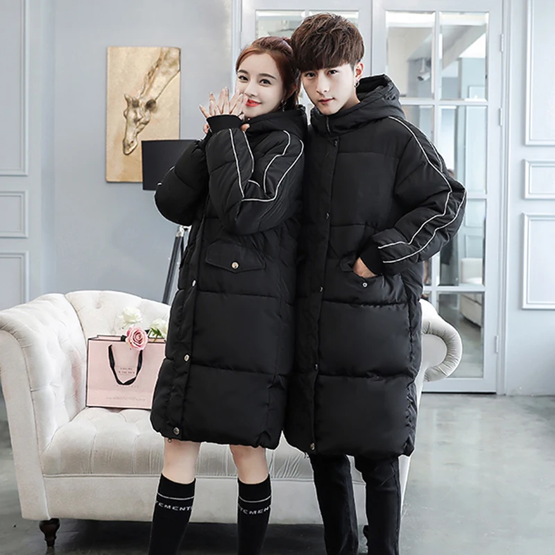 2018 зимнее платье средней и длинной длины для пар, хлопковая одежда с подкладкой, свободное кашемировое пальто большого размера в Корейском
