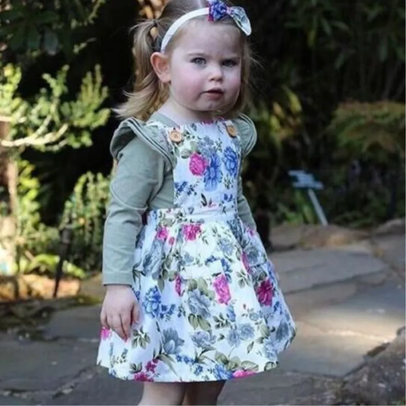 

2019 Newest Style Newborn Baby Girls Clothes Ruffle Long Sleeve Tops Floral Print Pocket Dress Headband 3pc Kids Outfits Set