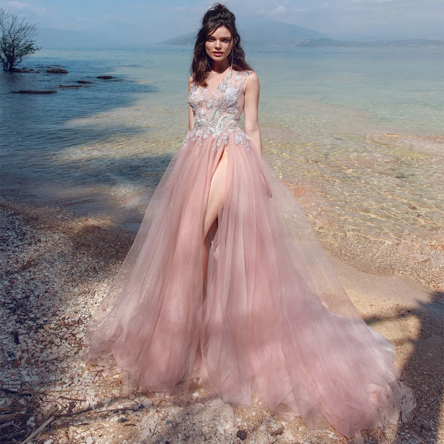 

Sexy Evening Dress Boat Neck Beading Applique Evening Dress With Slit Evening Gown 2019 Long Prom Dress Robe De Soiree Prom Gown