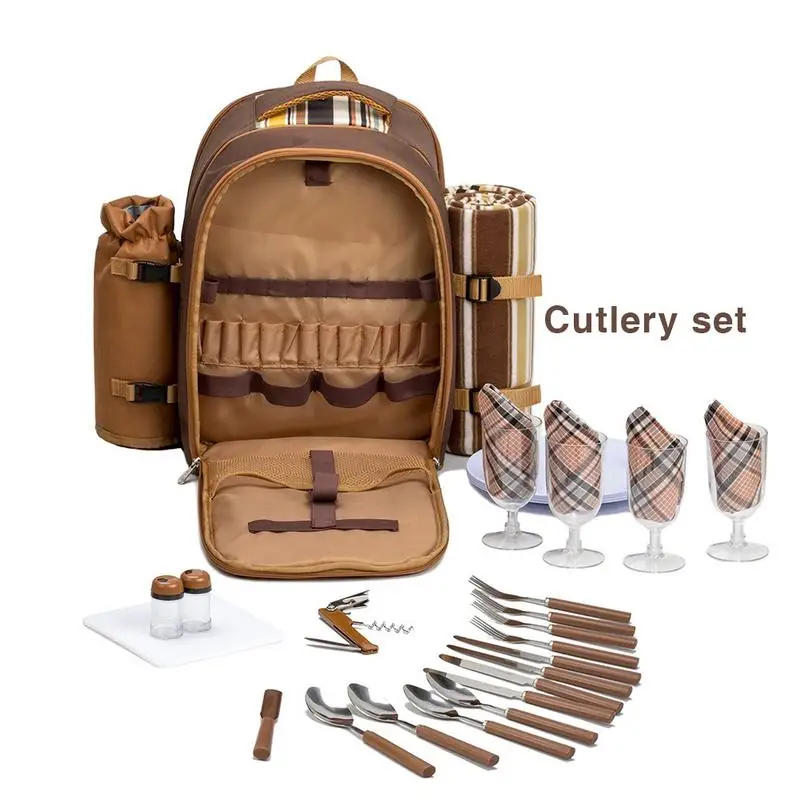 

Outdoor Picnic Backpack Cooler Insulation Bag with Stainless Steel Tableware Picnic Blanket Picnic Supplies Picnic Bags Kitchen
