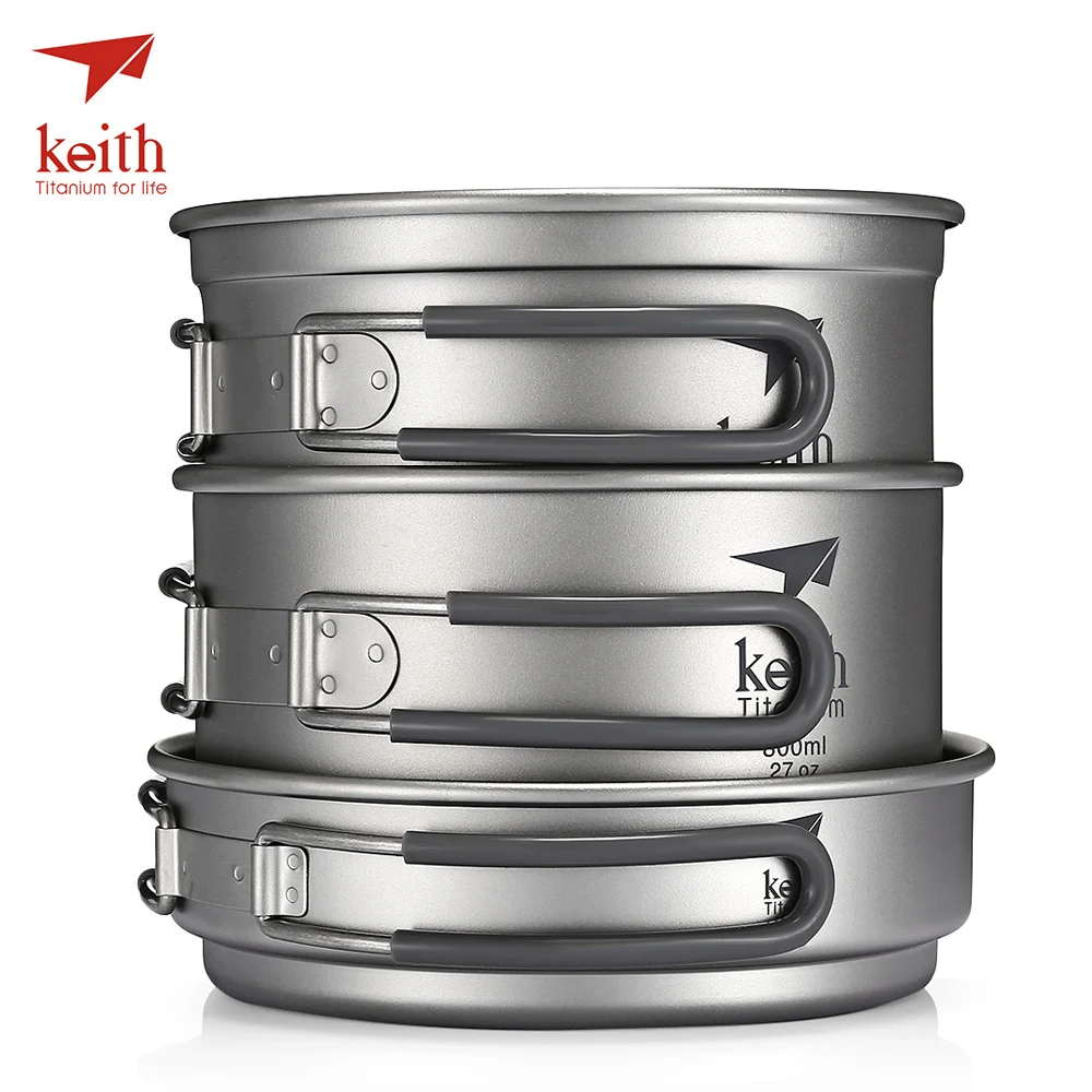 

Keith Pure Titanium 3pcs Camping Cookware Portable Outdoor Bowl Pot Picnic Folding Tableware 0.4L Lid Cover 1.2L Pot 0.8L Bowl