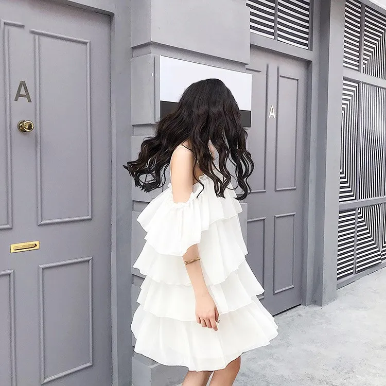 

2019 Summer Women Dresses Sexy Solid Black White Dress Strapless Spaghetti Strap Mini Short Beach Chiffon Tiered Layer Dress