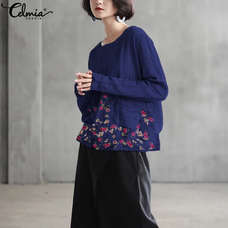  Plus Size 5XL Celmia Vintage Women Blouses Floral Print Linen Tops 2019 Autumn Long Sleeve Patchwor