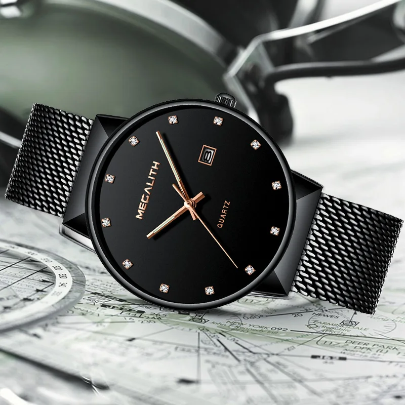 

MEGALITH Luxury Diamond Watch For Men Waterproof Analogue Watch Steel Mesh Quartz Wristwatch Simple Design Clock Relojes Hombre