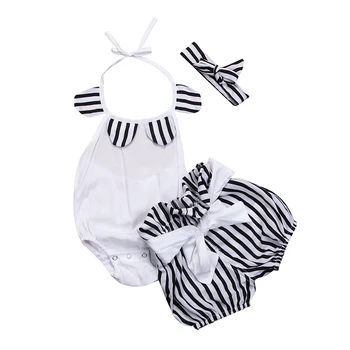 

2019 Newborn Baby Girl Clothes Suit Toddler Kids Sleeveless Tops Bodysuit Striped Bow Shorts Head Band 3pcs Outfits Set Summer