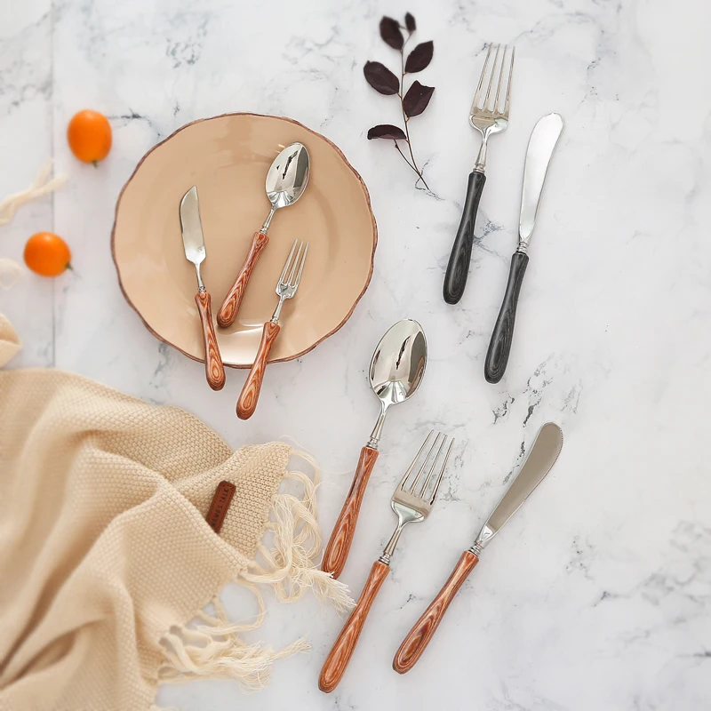 

Retro 304 Stainless Steel Knife, Fork and Spoon Set Wooden Handle Knife and Fork Three Combination Dinner Tableware and Teaspoon