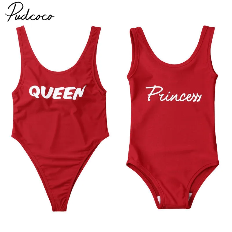 

2019 Brand New Family Matching Swimsuit Woman Kids Baby Girl Letter Print Swimming Suit One Pieces Beachwear Red Bathing Suit